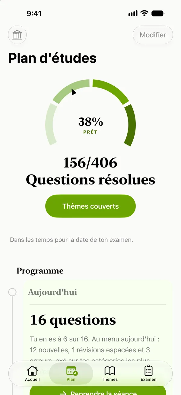 Examen civique: Un plan qui s'adapte à votre progression.